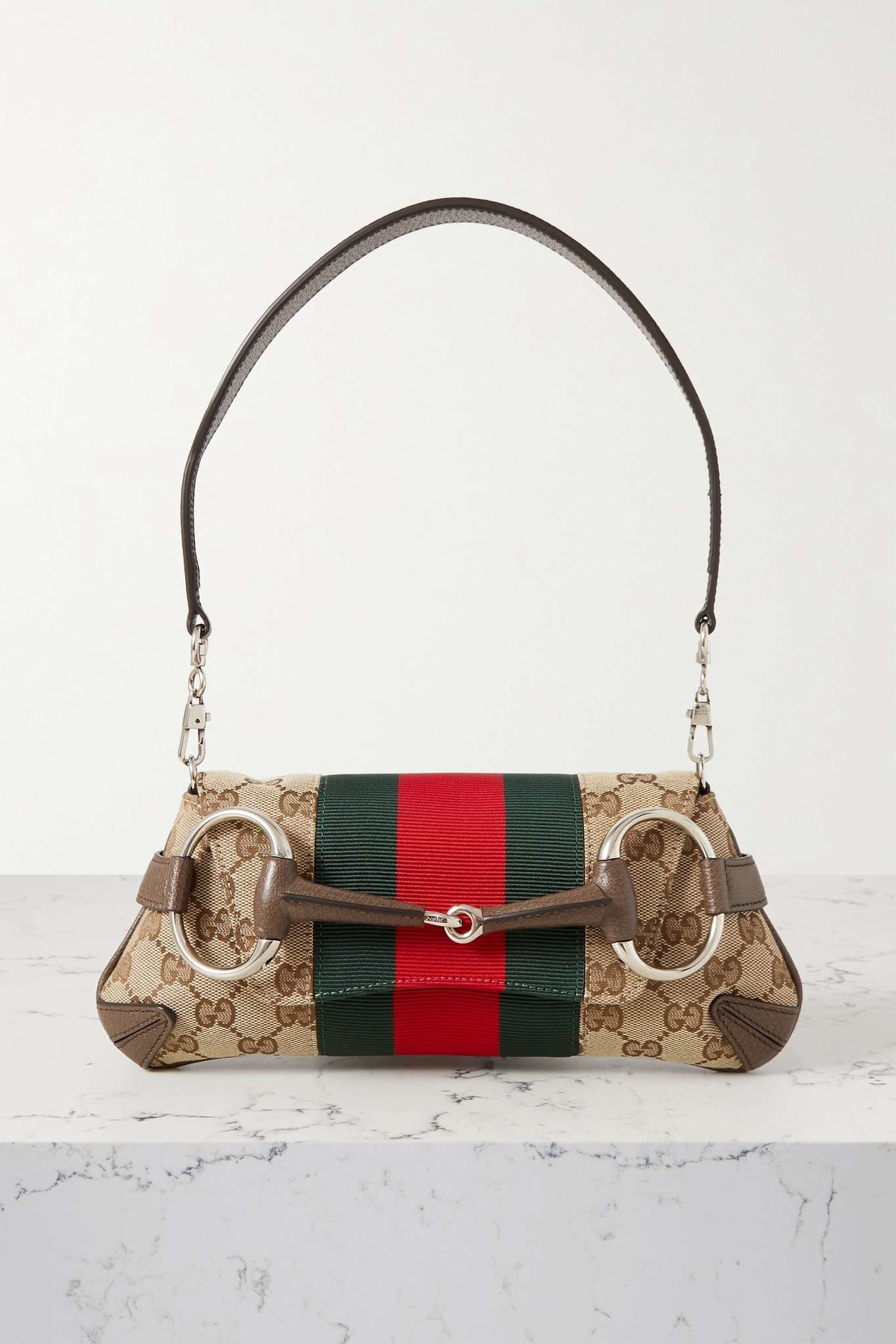 GUCCI Horsebit-embellished webbing-trimmed canvas-jacquard shoulder bag