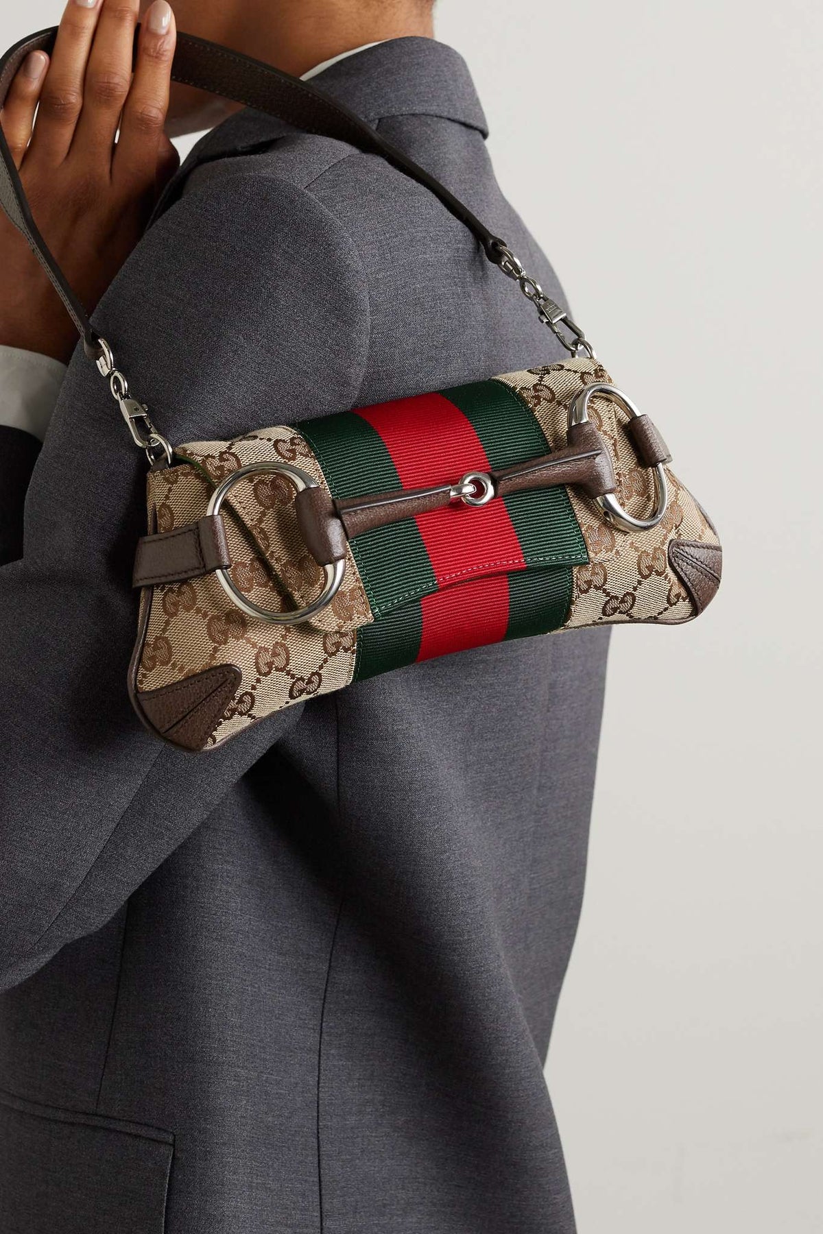 GUCCI Horsebit-embellished webbing-trimmed canvas-jacquard shoulder bag