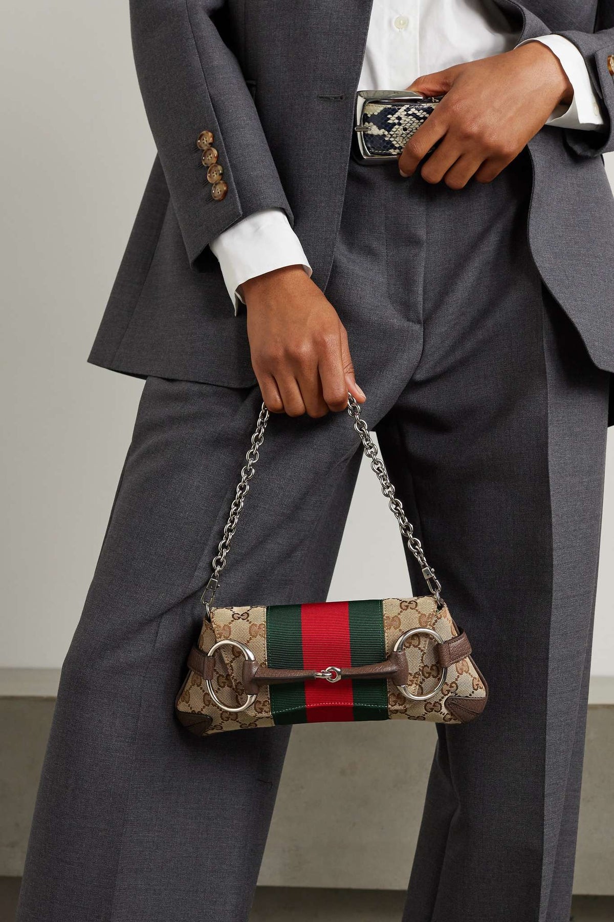 GUCCI Horsebit-embellished webbing-trimmed canvas-jacquard shoulder bag